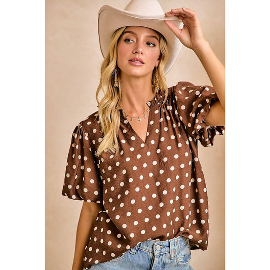 POLKA DOT PRINTED WOVEN RUFFLED V NECK