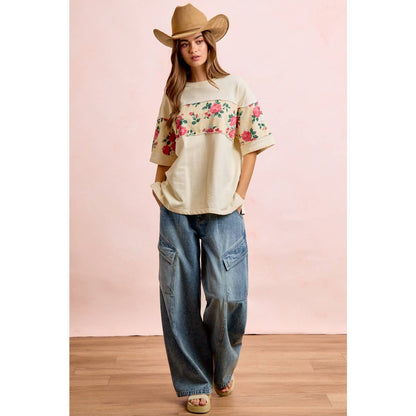 FLORAL PRINT SHORT SLEEVES FRENCH TERRY TOP