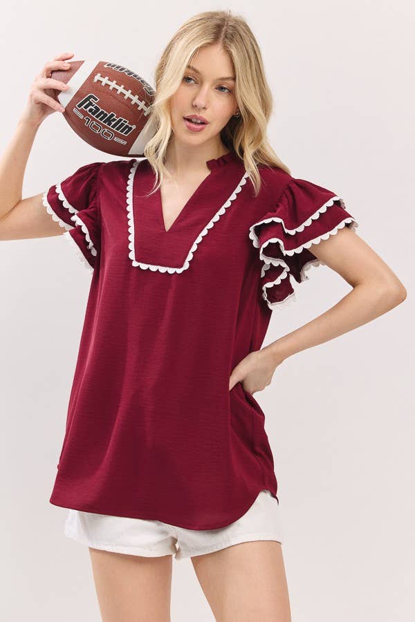 Game day Ruffle Sleeve Scallop Trim Top