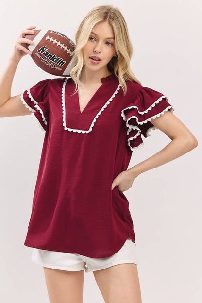 Game day Ruffle Sleeve Scallop Trim Top