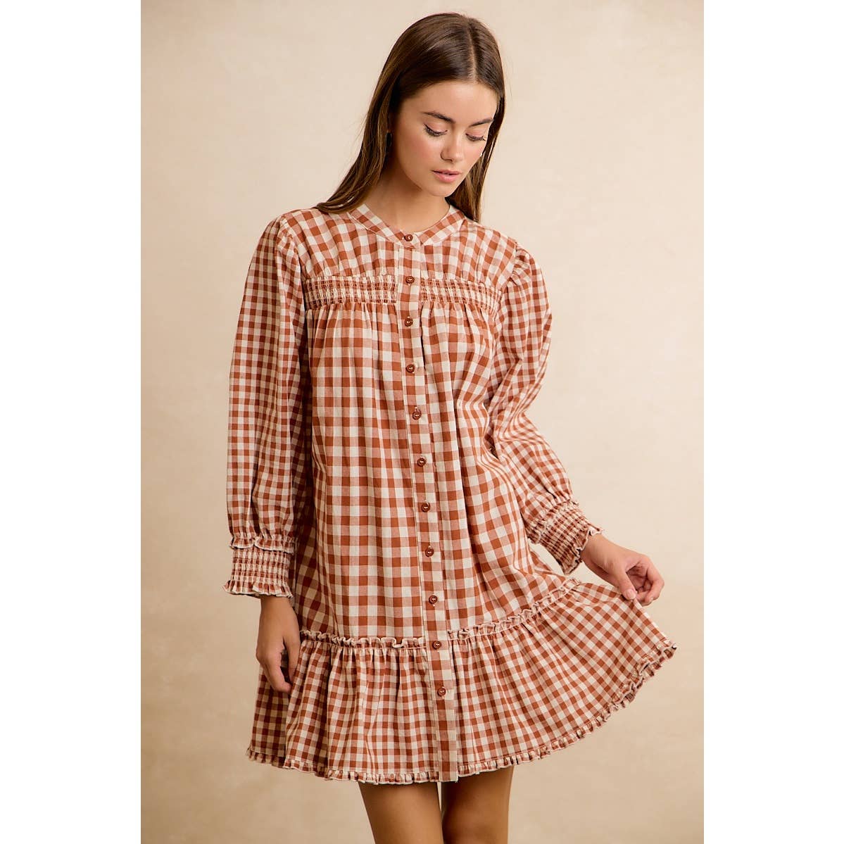 GINGHAM SMOCKED RUFFLE HEM MINI DRESS