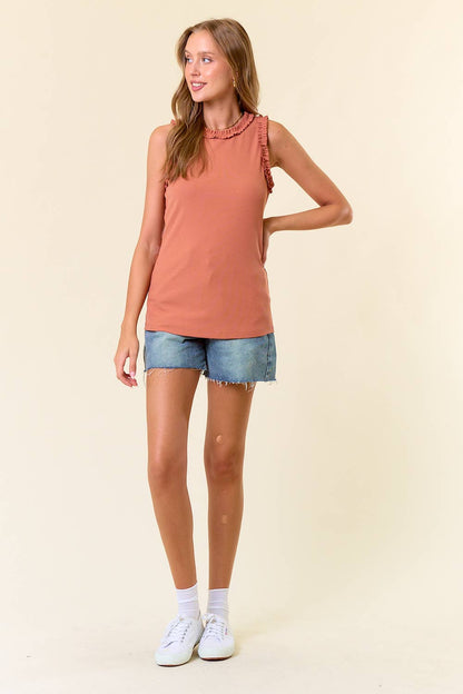 SOLID KNIT TANK WITH RUFFLE TRIM