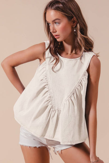 GAME DAY COLOR DENIM RUCHED SLEEVELESS TOP
