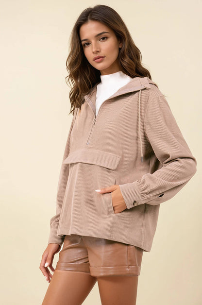 Velour Half Zip Hooded Anorak W/ Patch Pocket