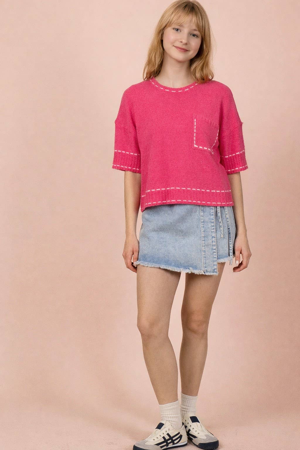 12W3636N-Stitch Detail Knit Sweater Top