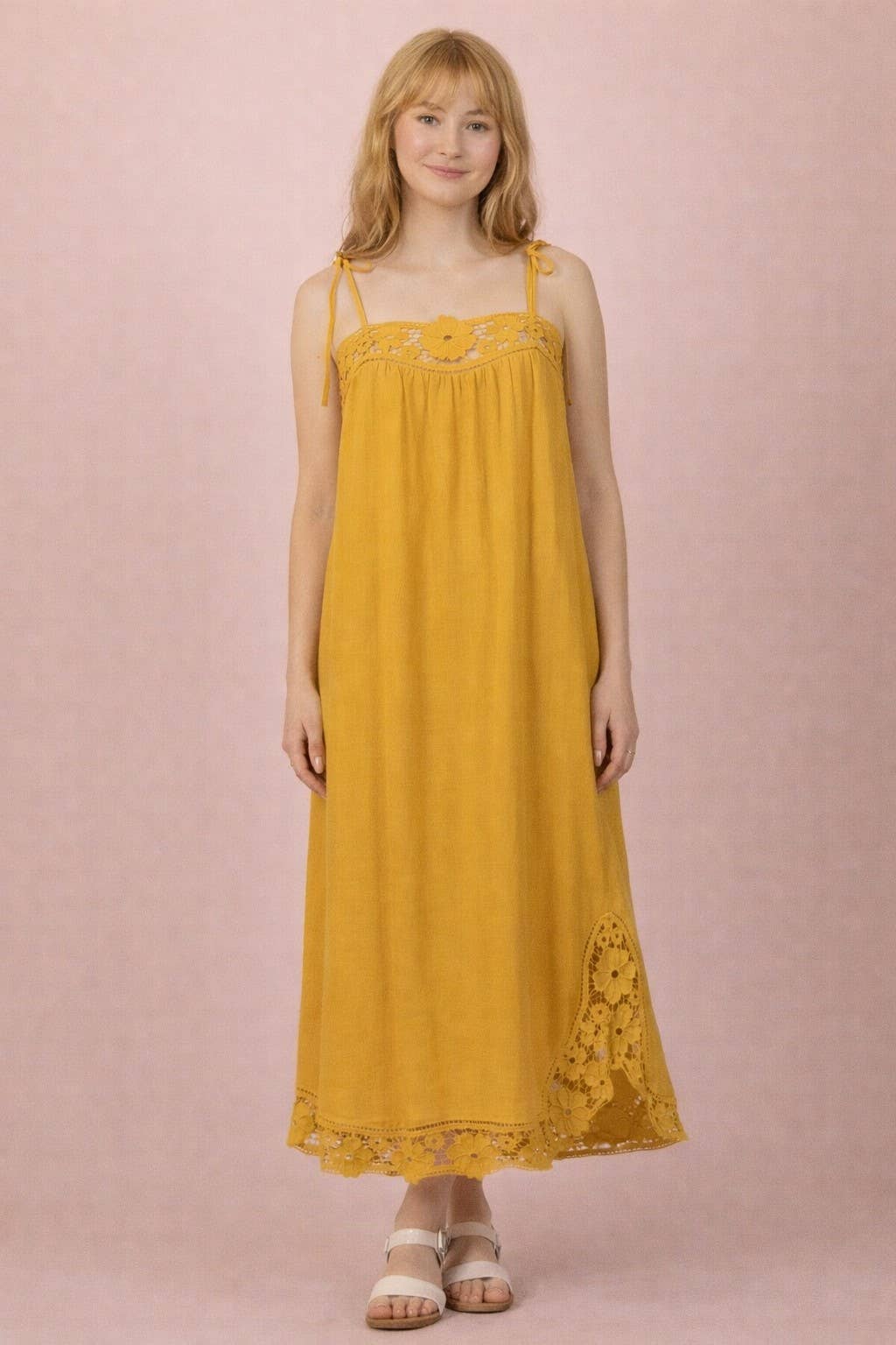 Lace Trim Solid Linen Midi Dress