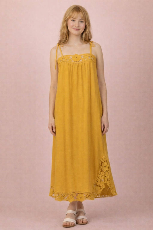 Lace Trim Solid Linen Midi Dress