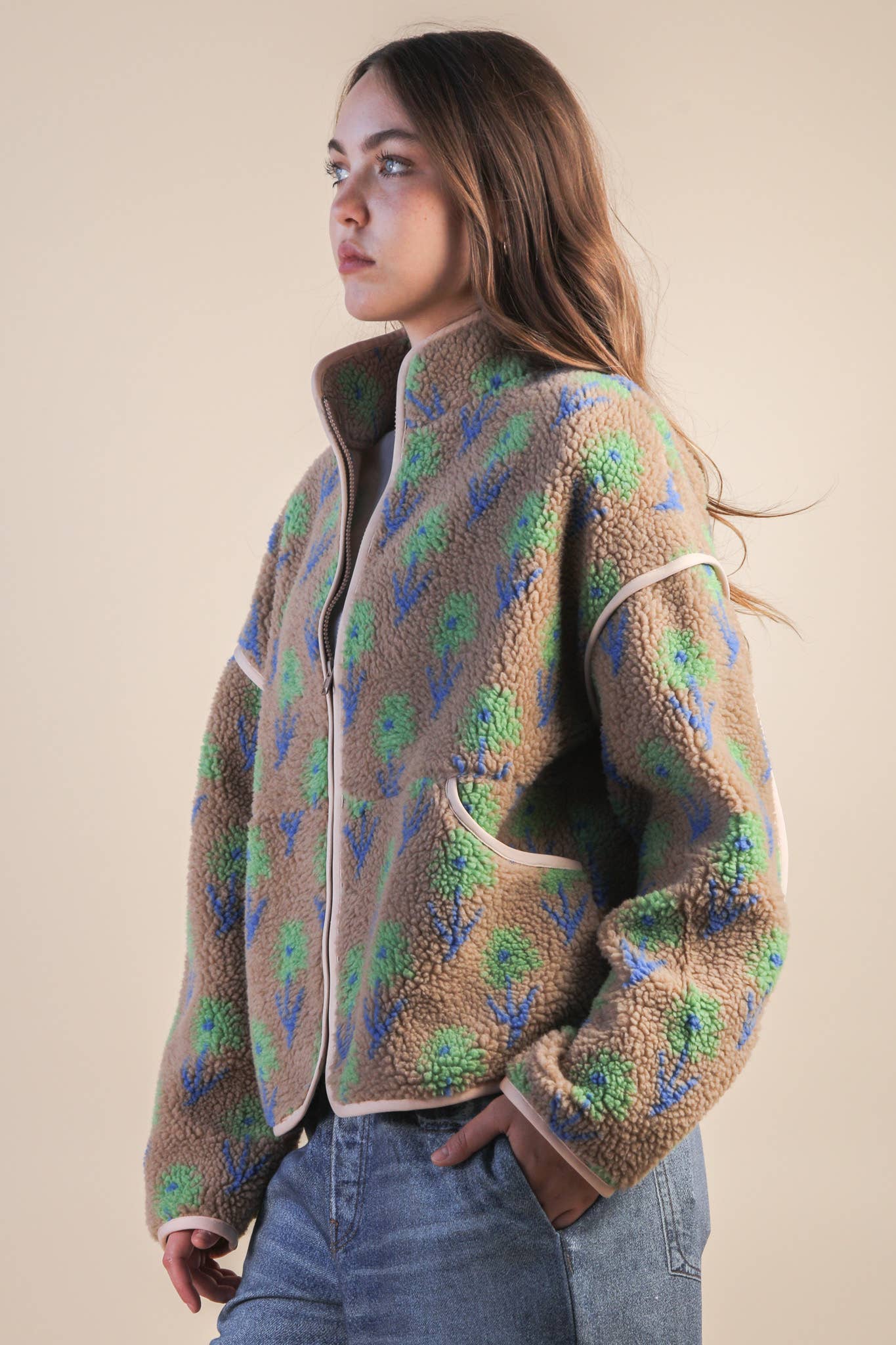 Oversized Floral Printed Fleece Sherpa Jacket