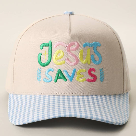 JESUS SAVES Embroidered Gingham Trucker Hat