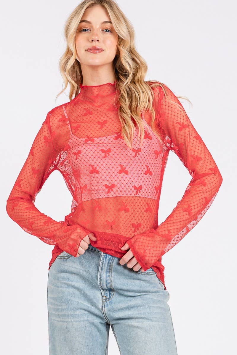 BOW PRINT LONG SLEEVE LACE TOP