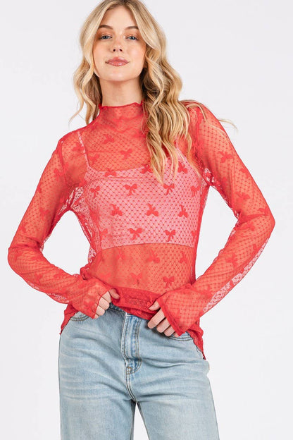 BOW PRINT LONG SLEEVE LACE TOP