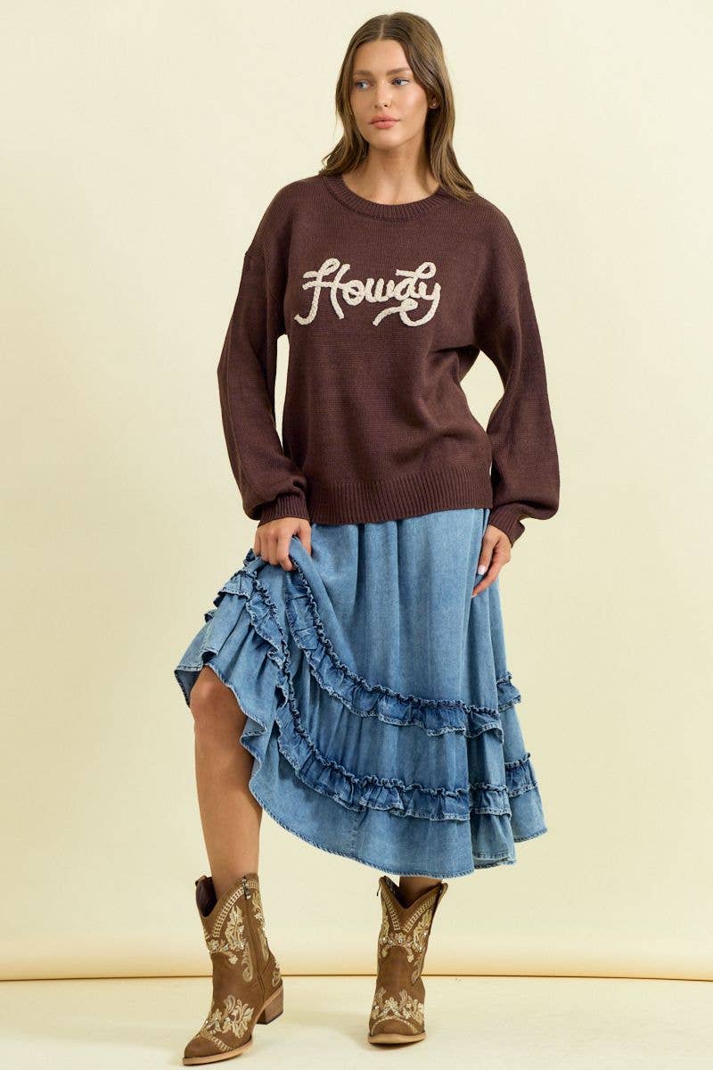 HOWDY' EMBROIDERED ROUND NECK OVERSIZED SWEATER -43995T-4