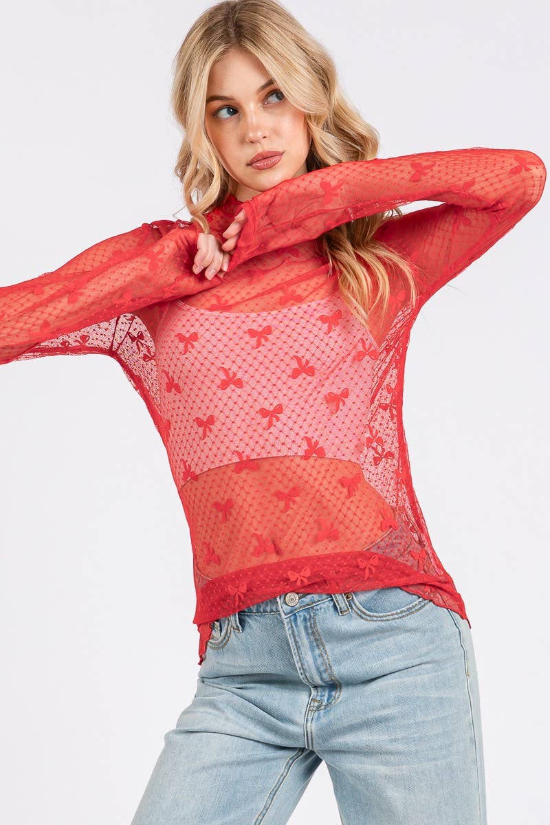 BOW PRINT LONG SLEEVE LACE TOP