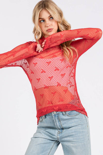 BOW PRINT LONG SLEEVE LACE TOP