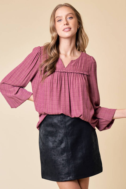 LONG SLEEVE PLAID TEXTURED BLOUSE
