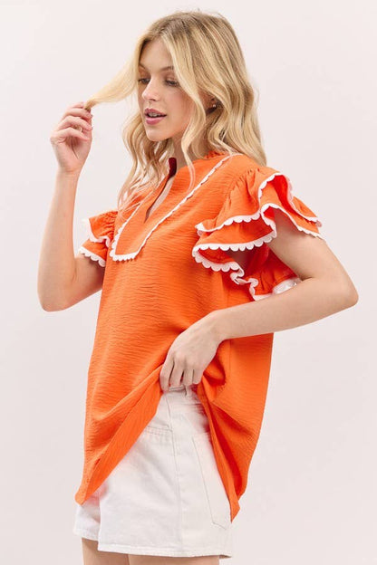 Game day Ruffle Sleeve Scallop Trim Top