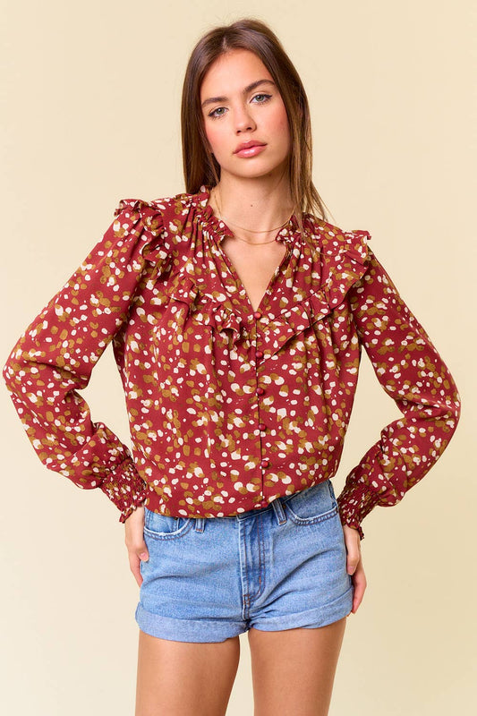 Abstract V-Neck Smocked Cuff Long Sleeve Blouse