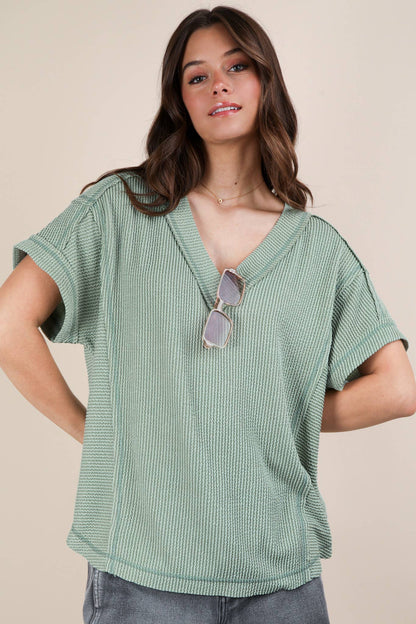 Soft Two Tone Casual Comfy Ribbed Knit Top