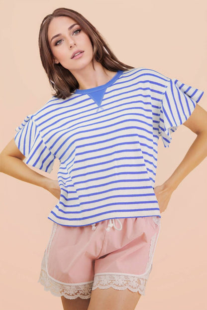 NT12476-Oversized Ruffle Sleeve Casual Stripe Knit Top