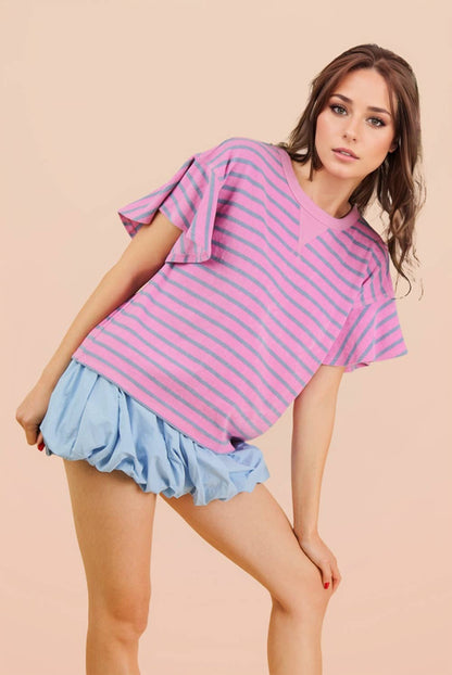 NT12476-Oversized Ruffle Sleeve Casual Stripe Knit Top