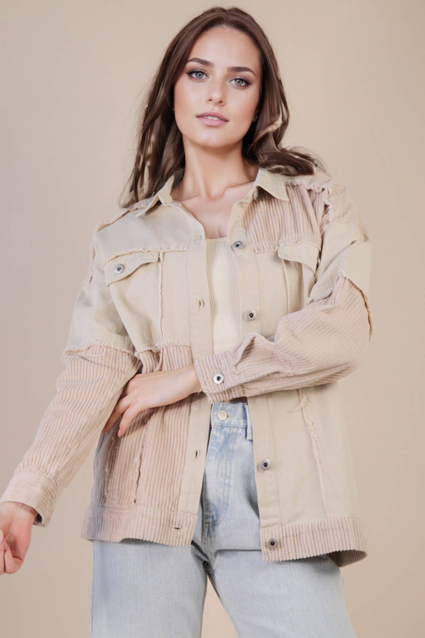 NJ90308X-PLUS SIZE Oversized Color Block Washed Shacket Jack