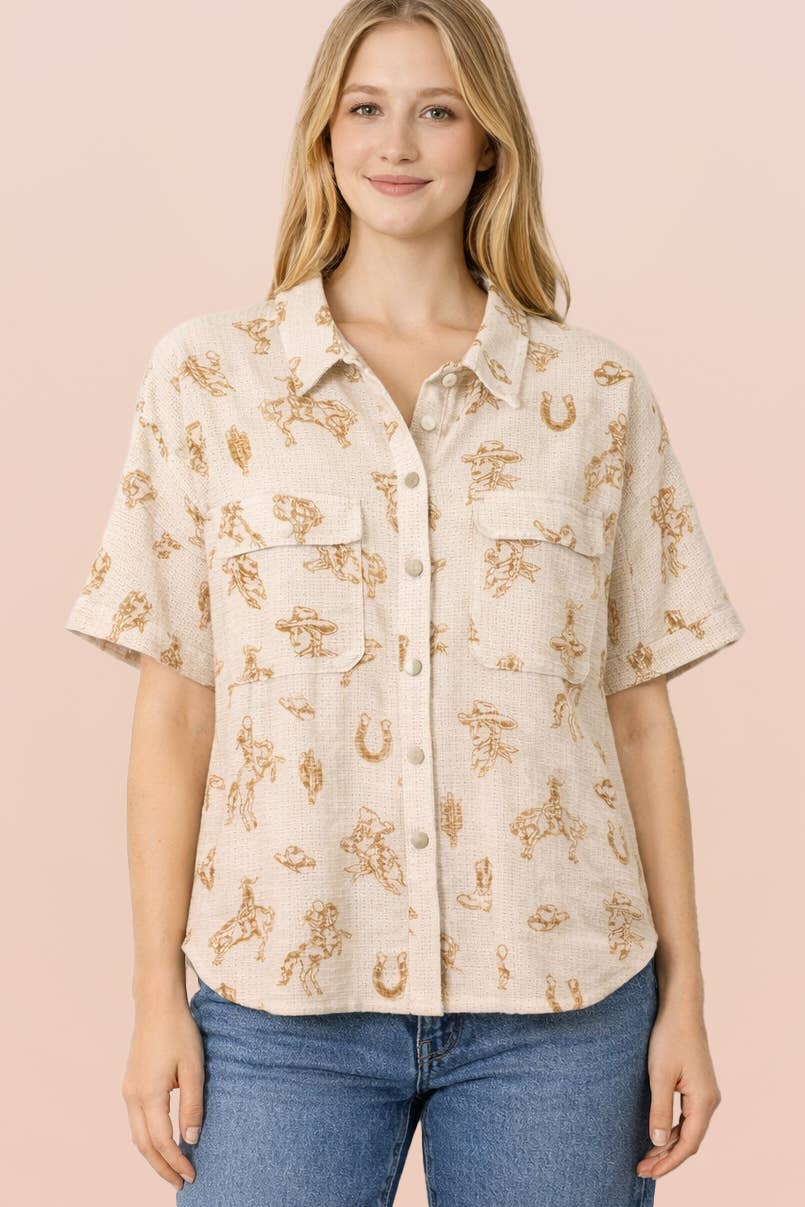 Western Graphic Button-Down Shirt Top