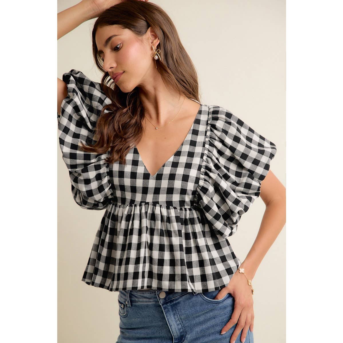 GINGHAM BUBBLE SLEEVES BACK SMOCKED BLOUSE TOP