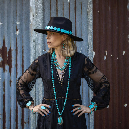 Long Western Turq Beaded Necklace w/Squash Blossom Pendant