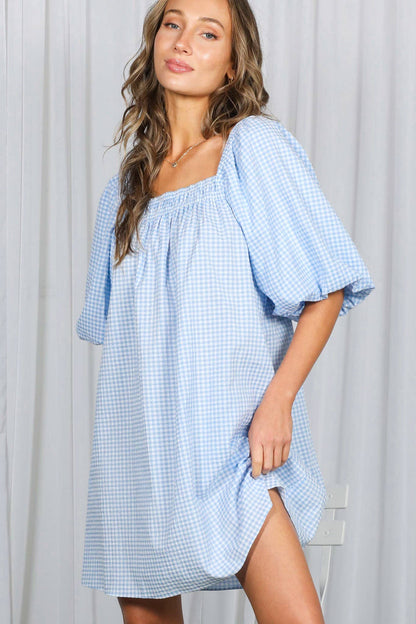 Casual Gingham Square Neck Mini Dress