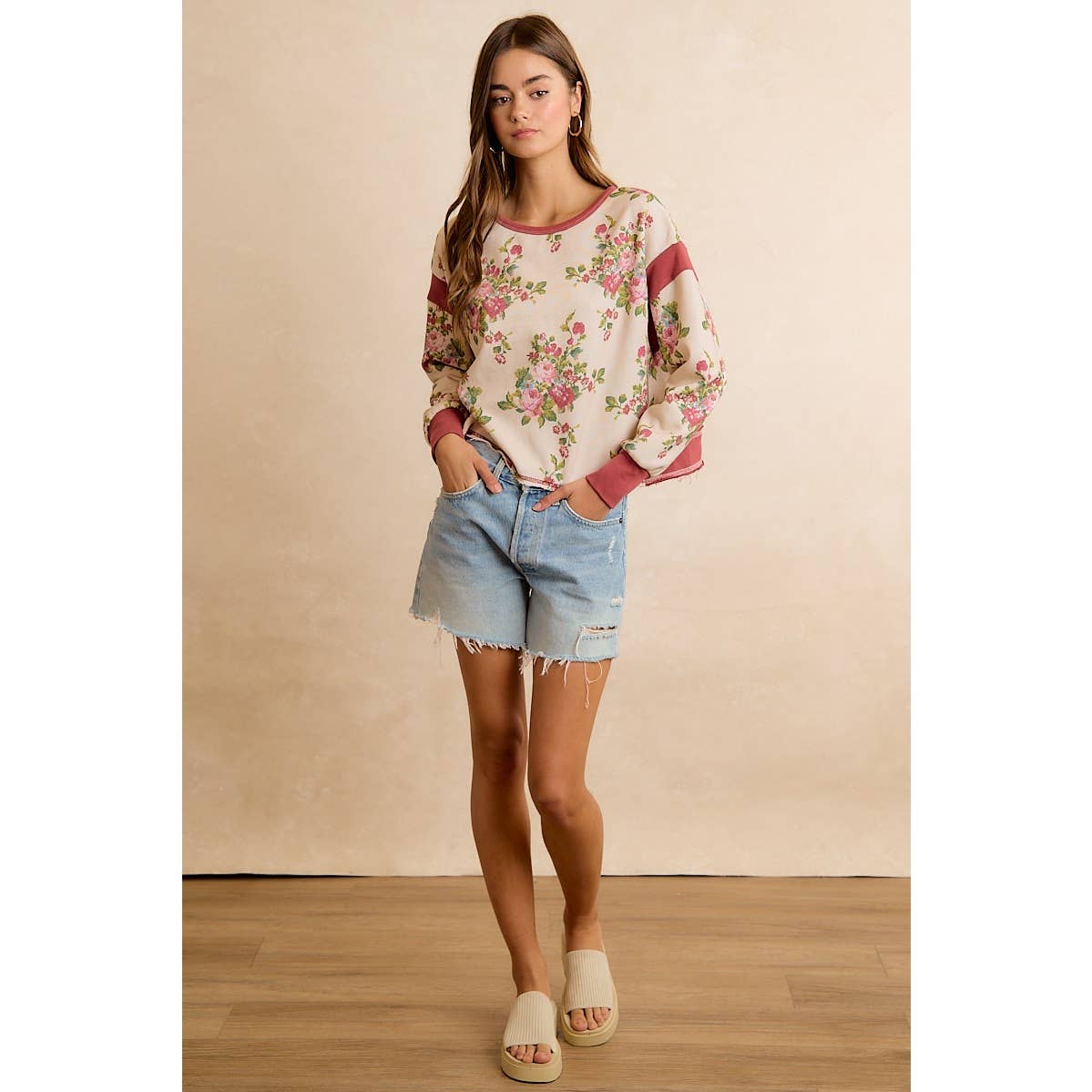 FLORAL BRUSHED OPEN BACK LONG SLEEVES TOP