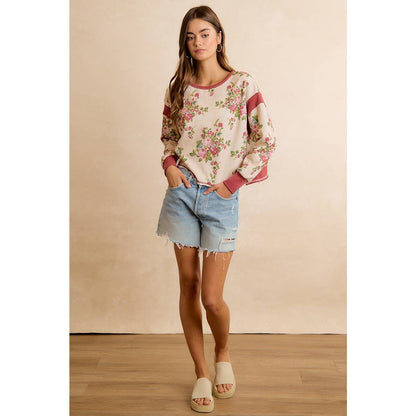 FLORAL BRUSHED OPEN BACK LONG SLEEVES TOP