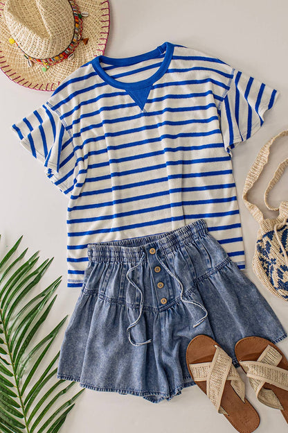 NT12476-Oversized Ruffle Sleeve Casual Stripe Knit Top