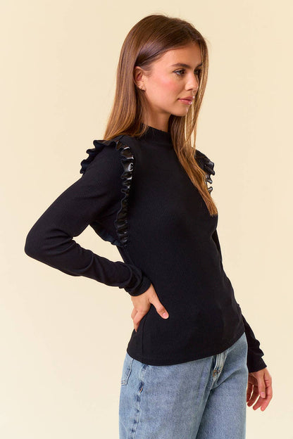 Mock Neck PU Ruffled Long Sleeve Top