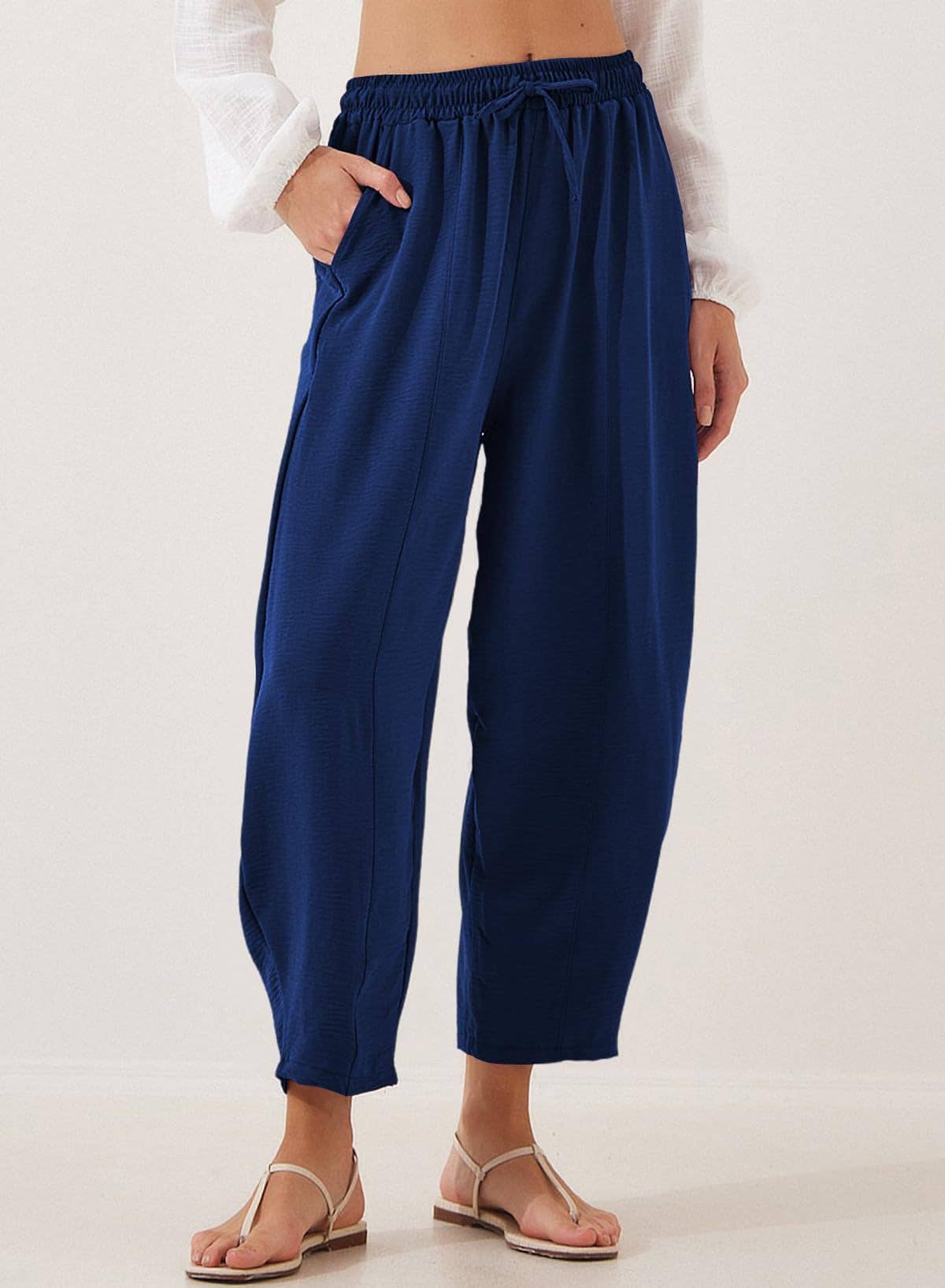 Women's Elastic Waist Drawstring Casual Cropped Harem Pants