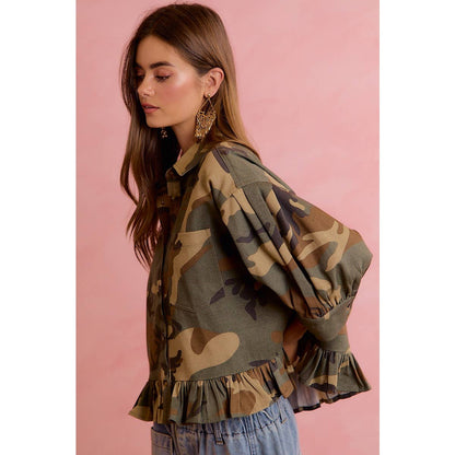 CAMO PRINTED RUFFLED HEM BUTTON DOWN BLOUSE