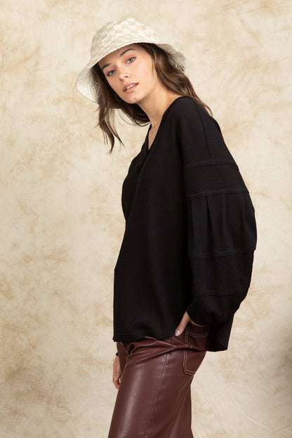 NT11157X-PLUS SIZE Oversized V-neck Puff Sleeve Top