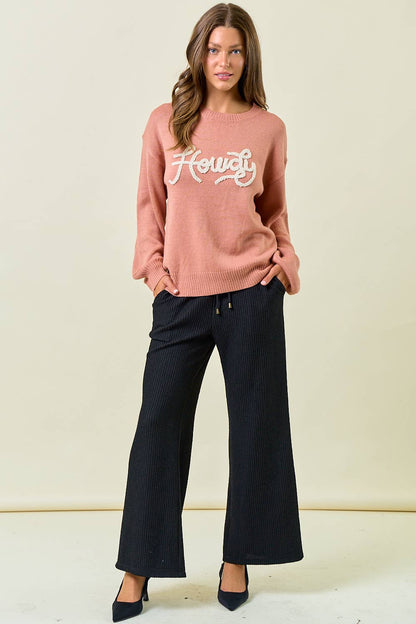HOWDY' EMBROIDERED ROUND NECK OVERSIZED SWEATER -43995T-4