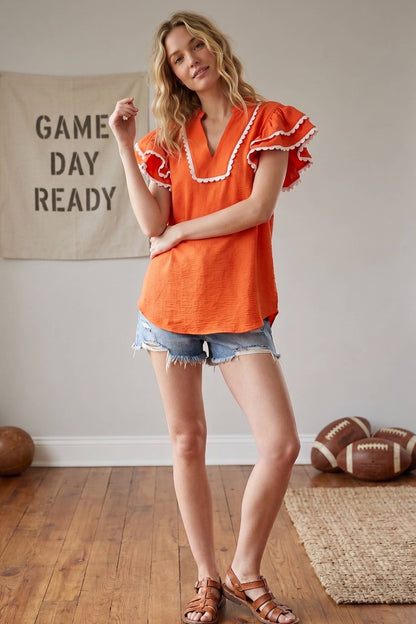 Game day Ruffle Sleeve Scallop Trim Top