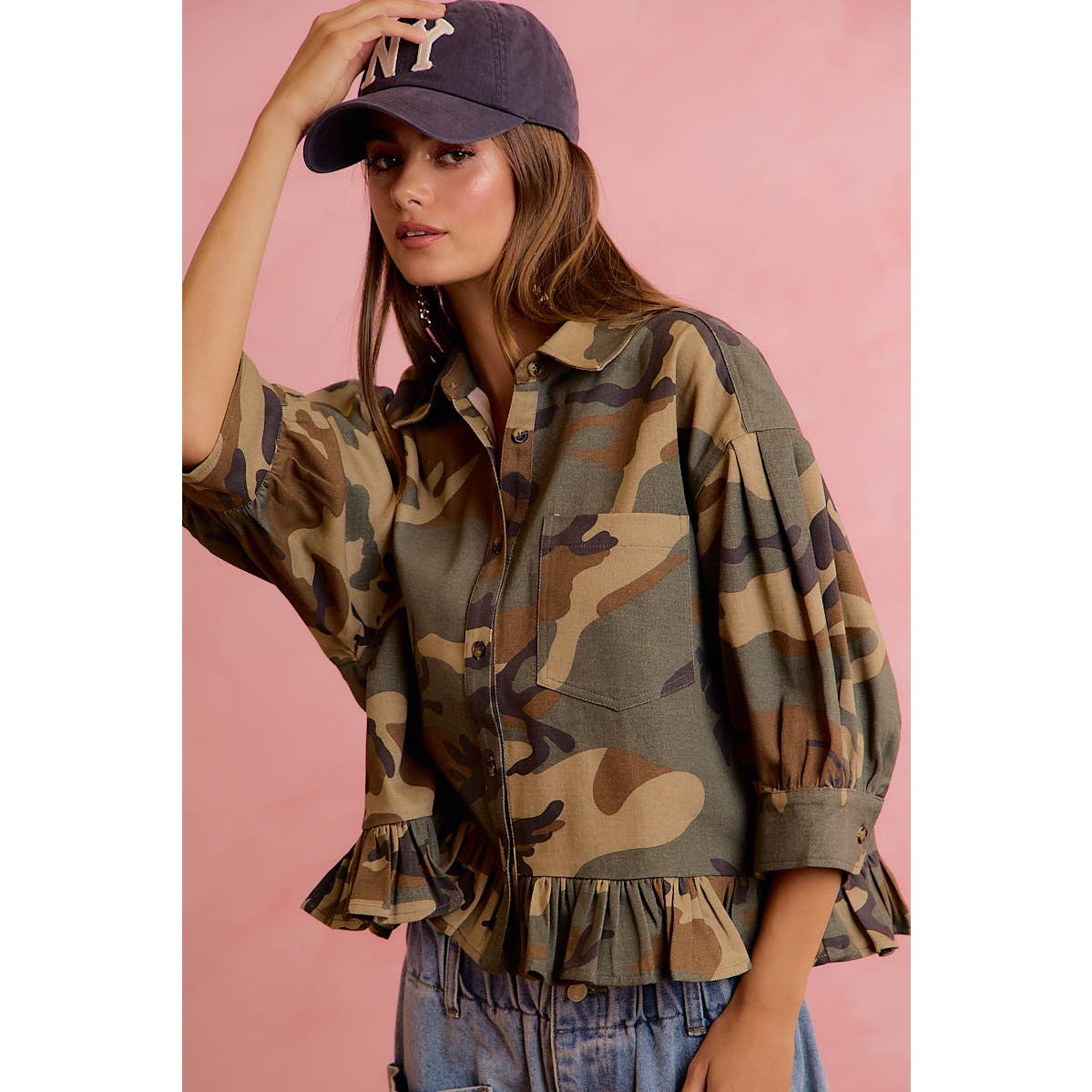 CAMO PRINTED RUFFLED HEM BUTTON DOWN BLOUSE