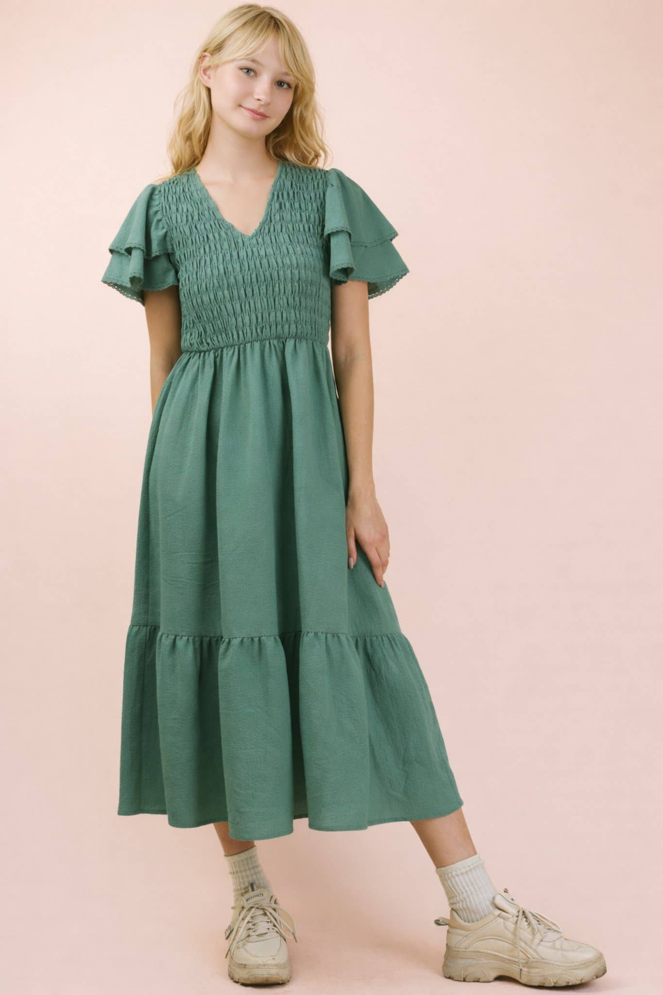 Smocking Torso Ruffle Sleeve Midi Dress