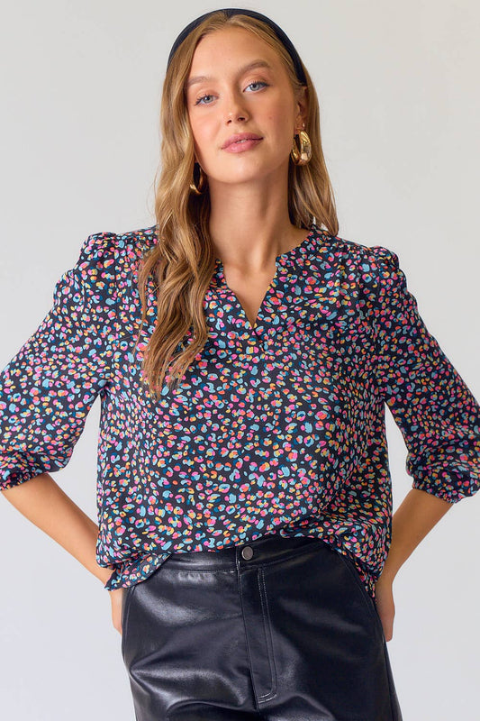 Split V-Neck Line Sleeve Abstract Printed  Blouse