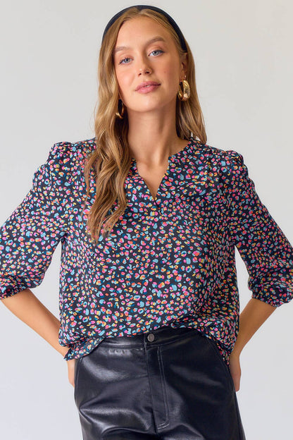 Split V-Neck Line Sleeve Abstract Printed  Blouse