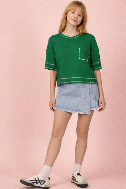 12W3636NX-PLUS SIZE Stitch Detail Knit Summer Sweater Top