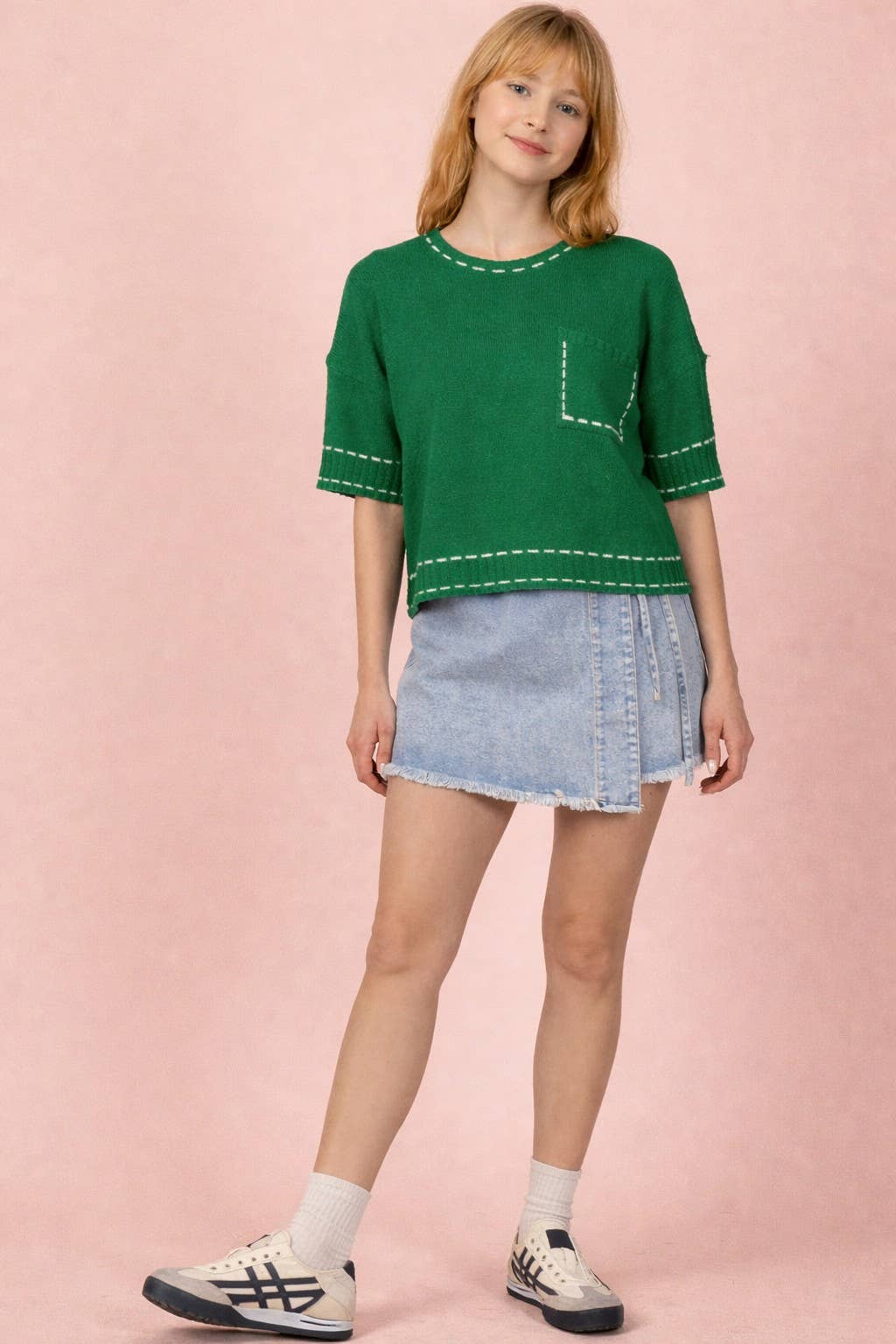 12W3636N-Stitch Detail Knit Sweater Top