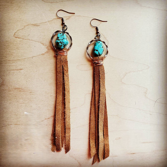 Turquoise Drop Earrings w/ Suede Leather Tassel