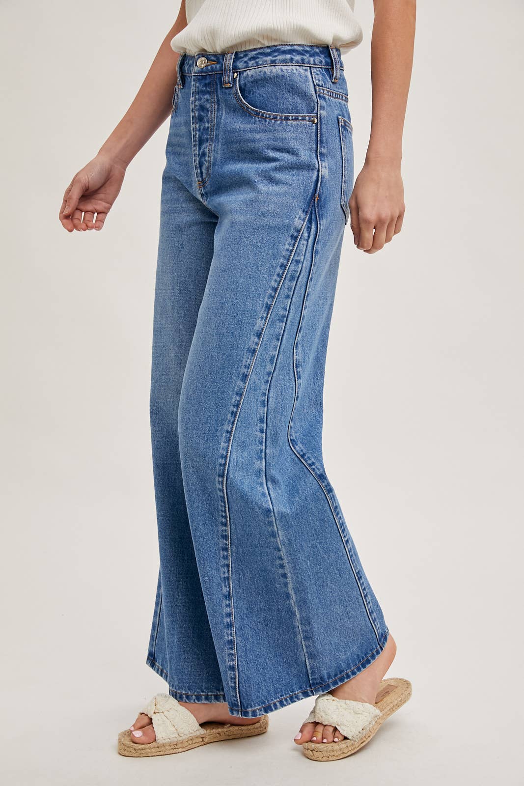 DENIM WIDE LEG MID RISE FLARE JEANS