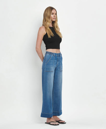 KRIS HIGH RISE DOUBLE CUFFED BAGGY WIDE JEANS