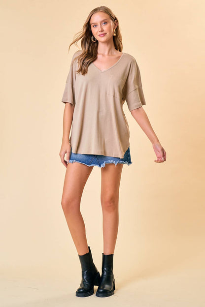OVERSIZED V-NECK KNIT TOP - Khaki
