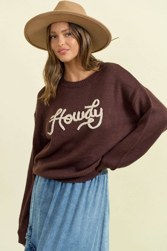 HOWDY' EMBROIDERED ROUND NECK OVERSIZED SWEATER -43995T-4