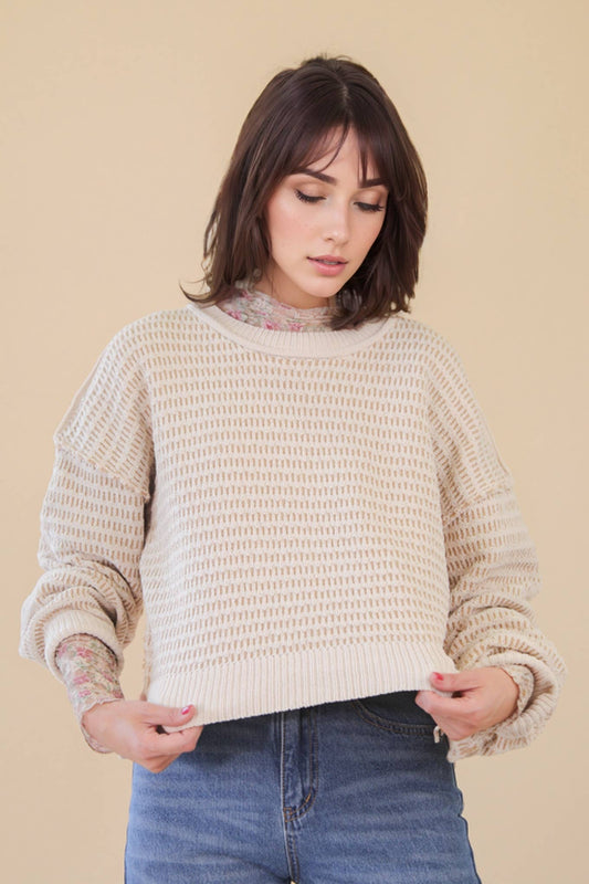 Two Tone Textured Knit Casual Sweater Top